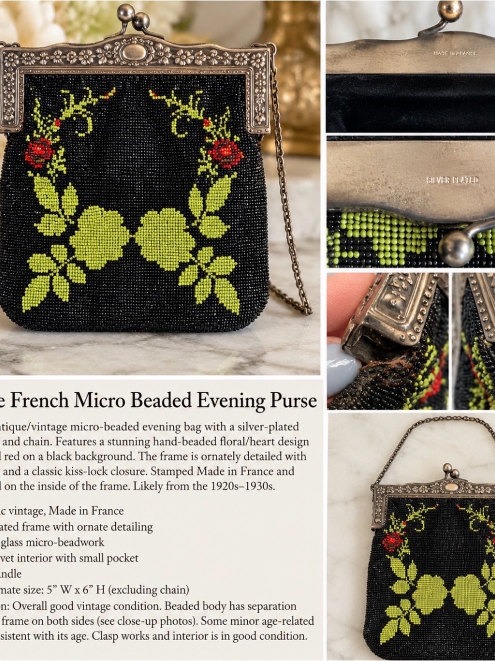 Vintage Black Micro-Beaded Clutch with Lime Green Floral and Red Accents